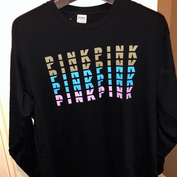 💗VS PINK BLACK MULTI COLOR LOGO LONG SLEEVE CAMPUS TEE - Picture 4 of 5